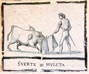 Scena di corrida su una piastrella antica - La fase della Muleta da Spanish School